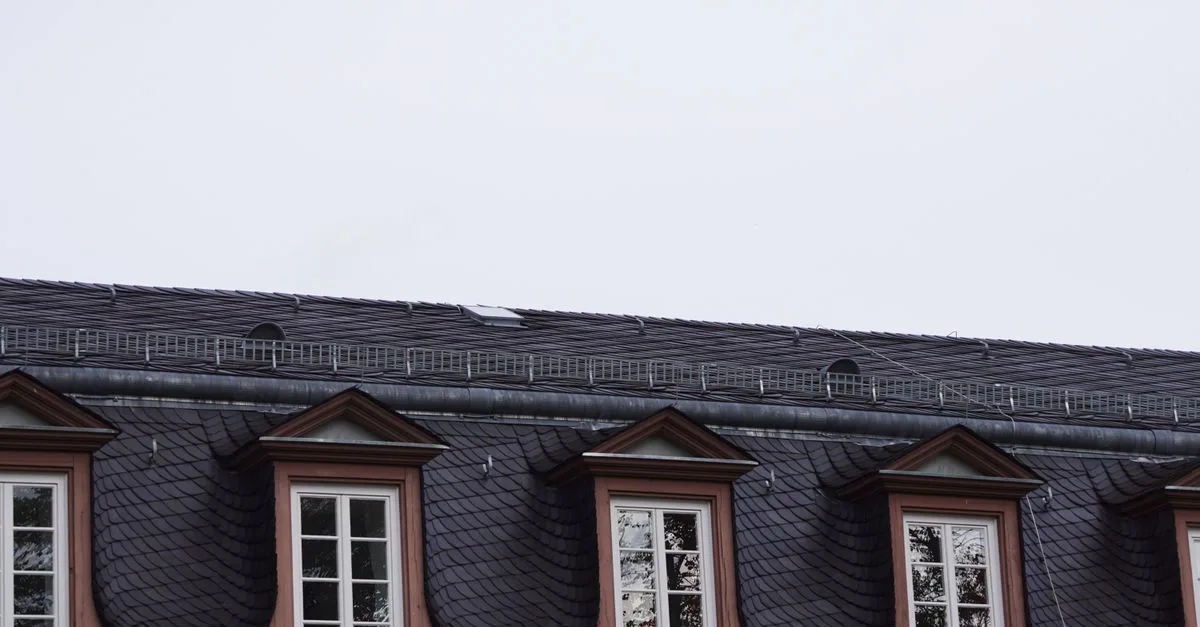 Mansarddach mit Schieferdeckung, Gauben, Zinkrinne und Schneefanggitter
